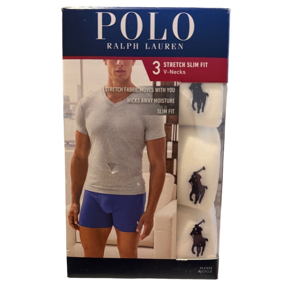 Polo Ralph Lauren White V-Neck Stretch Slim Fit Undershirts Mens S 3-Pack